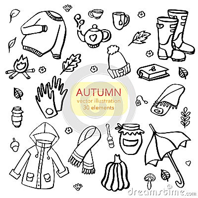 Autumn doodles. Hand drawn set of sketches. Isolated objects on white background. Stock Photo